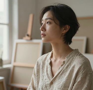 A soulful and elegant portrait of an artist in a bright, sun-drenched studio. The lighting is soft and natural, highlighting textures of linen and wood. In the background, there are blurred canvases featuring warm sandy beige and muted brown tones. The artist has a serene expression, looking towards a window, capturing a moment of quiet inspiration.