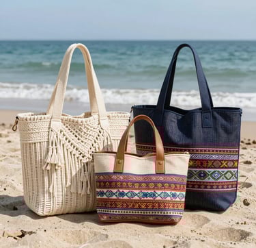 Delicate macramé bracelets and pendants displayed on a sandy shore with seashells