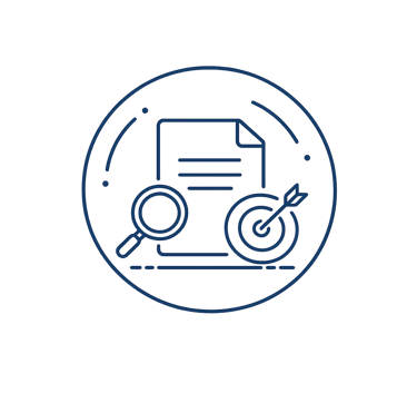 Minimal dark blue project strategy icon with document, search and target symbols for branding and web design projects