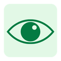 Green eye icon with pupil on a light green square background for vision and optic health.