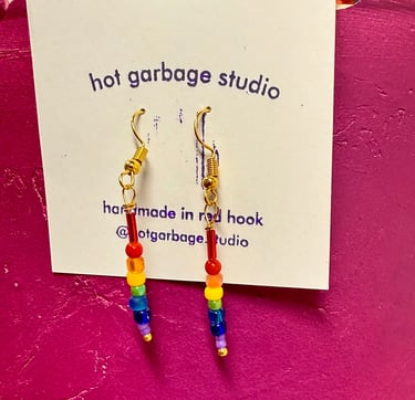 Good huggie-hoops with dangle rainbow seed beads