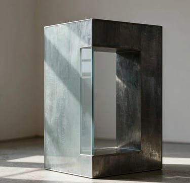 A minimalist close-up of a contemporary sculpture made of brushed metal and translucent glass, casting sharp geometric shadows under soft natural light in a high-ceilinged studio in a Latinoamericano / Español setting. The composition is clean and sophisticated, using tones of slate blue, dark black, and pale mist.