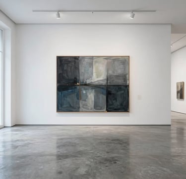 A wide-angle shot of a minimalist white-walled gallery in a modern Latinoamericano / Español urban space. The scene features a single large-scale abstract painting, immaculate lighting, and polished concrete floors. The atmosphere is quiet, elite, and vanguard, reflecting a palette of charcoal grey and soft grey-blue.