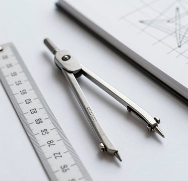 A detailed, minimalist close-up of architectural drafting tools—a scale ruler and a silver compass—resting on a clean, light #F7F9FB surface next to a sketchbook. The lighting is sharp, creating subtle shadows that highlight the metallic textures of the tools, incorporating tones of #6E8898 for a sophisticated, technical feel.