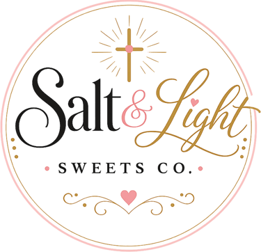 Salt and Light Sweets Co. logo featuring a cross, elegant cursive typography, and pink heart accents.