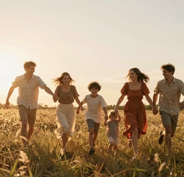 A wide cinematic photograph of a family laughing and running through a meadow of tall grass at sunset. The lighting is golden and sun-drenched, creating a warm flare. The family wears relaxed clothing in soft sand and terracotta tones. The composition is candid and authentic, capturing a moment of genuine joy.