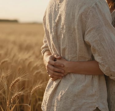 A close-up, emotive shot of a couple embracing in a field of wheat during the golden hour. The focus is on their hands and the texture of their linen clothing in soft sand shades. The lighting is warm and cinematic, with soft charcoal shadows and a glowing sun-drenched background.