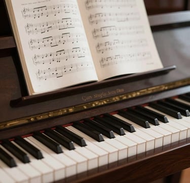 A minimal, artistic photograph of a piano keyboard with a soft-focus background of a music sheet on a stand. The scene is elegant and bright, reflecting academic and creative discipline in a North American / US setting. Subtle palette of charcoal brown and soft cream.