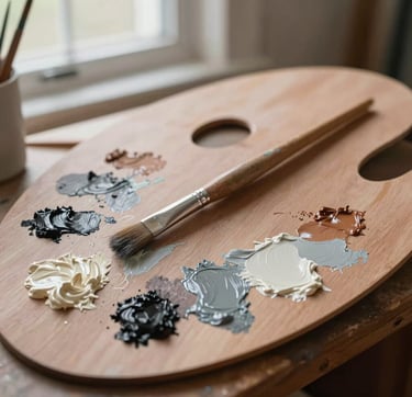 A sophisticated close-up of a wooden artist palette with smears of oil paint in soft cream, light gray, and charcoal brown. A professional paintbrush rests across it. Soft, natural light from a window in a North American home studio. High-end, clean photography reflecting a young artist's journey.