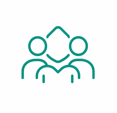 Minimalist teal community icon representing a group of three people for teamwork and social connection.