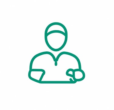 A green line art icon representing a healthcare professional or surgeon in medical scrubs.