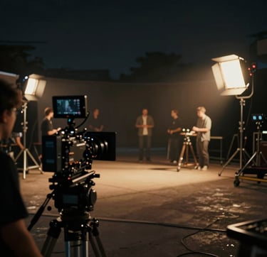 A cinematic, wide-angle shot of a high-end film production set at night. In the foreground, professional cameras and lighting rigs are visible but blurred. The color palette features deep blacks #1A1C20 and warm golden highlights #A88B57 from the studio lights. The atmosphere is professional, sophisticated, and focused on artistic creation.