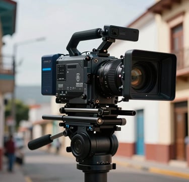 A close-up of a professional cinema camera on a high-tech stabilizer, capturing a scene in a vibrant Latin American / Hispanic city. The lighting is dramatic and sophisticated, with steel blue shadows and off-white highlights, reflecting a modern production style.
