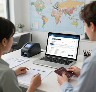 A sleek, modern flowchart showing five connected steps with icons representing consultation, documentation, filing, biometrics, and visa approval.