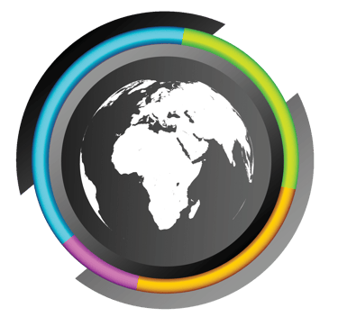 A white world globe icon inside a dark gray circle button with a colorful neon ring border.