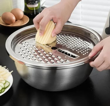 Tigela Inox 4 Em 1 Ralador Fatiador Bacia Legumes Queijo Manual 26cm Cozinha Prática Tampa Ralador