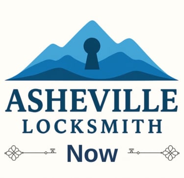 Blue Ridge Mountains logo with key integrated into the mountain design, ' Asheville Locksmith Now' text below, between keys