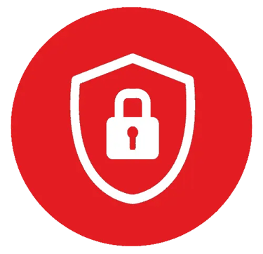 A lock and shield in a red circle icon