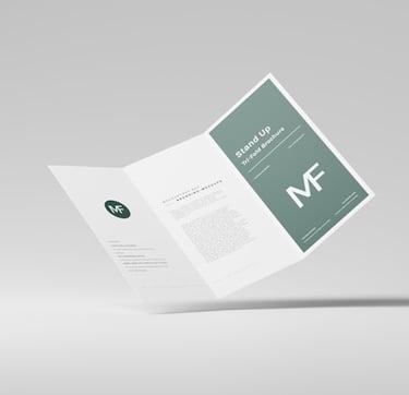 Tri-fold brochure with a minimalist design featuring the letters "MF" and text on a clean, light background.