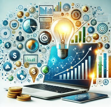 a laptop computer with a light bulb and digital business icons