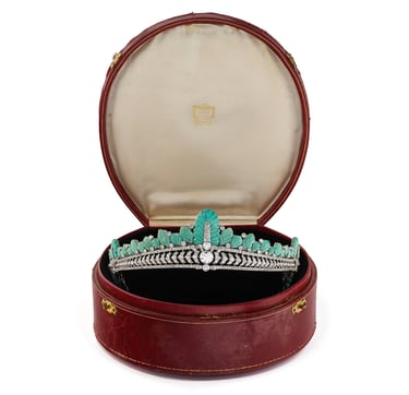 Cartier tiara in original red fitted case, owned by Nancy Astor.