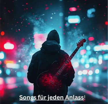 Neon-Nachtmotiv: Musiker mit Kapuze und E-Gitarre in der Stadt – Songs für jeden Anlass.