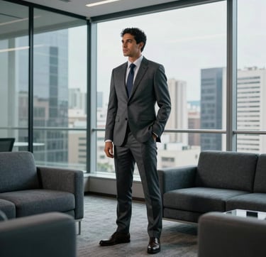 A sophisticated South American / Brazilian professional in a tailored suit standing in a modern office with large glass windows overlooking a city skyline. The interior features Dark Slate Grey and Muted Blue-Grey furniture. High-end, polished photography with natural lighting, reflecting contemporary elegance.