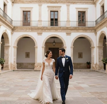 A wide-angle cinematic photograph of a wedding couple walking through a sun-drenched historic courtyard in a Hispanic setting. The bride wears a sophisticated lace gown, and the groom a tailored deep navy blue tuxedo. The architecture features soft cream white stone and warm champagne beige accents. Elegant natural lighting creates a romantic, high-end atmosphere. Luxury wedding photography style.