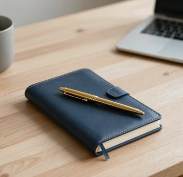 Soft natural daylight falling on a clean, organized wooden desk with a leather notebook and an elegant brass pen, warm minimalist domestic office, 35mm lens