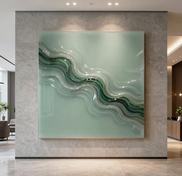 A lifestyle photograph showcasing a finished resin art panel mounted on a warm stone grey wall in a minimalist International / Global corporate lobby. The artwork features flowing patterns of muted sage green. The environment is clean and modern, with sophisticated architectural lighting and a sense of calm professionalism.