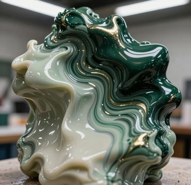 A breathtaking close-up photograph of a liquid resin art piece in progress. Deep charcoal green and muted sage green pigments blend seamlessly with shimmering metallic highlights in a soft parchment cream color. The texture is viscous and glossy, reflecting a professional International / Global art studio setting with soft, diffused overhead lighting.