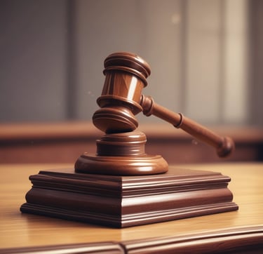 A courtroom interior showing judge's bench and seating.