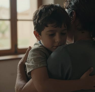 Close-up, cinematic photograph focusing on the genuine expression of a child being hugged by a parent. The light is soft and warm, filtering through a window of a traditional Spanish home. The style is intimate and storytelling, capturing raw emotion. Elegant composition with deep charcoal and warm sand tones in the shadows. Iberian setting.