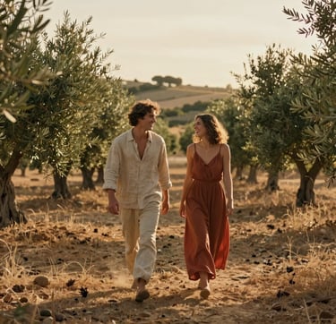 Cinematic wide shot of a young couple walking through a sun-drenched olive grove in rural Spain during golden hour. The lighting is warm and hazy, creating a romantic atmosphere. They are wearing natural linen clothes in sand and terracotta tones. The composition is artistic and authentic, capturing a candid moment of laughter. Iberian landscape background.