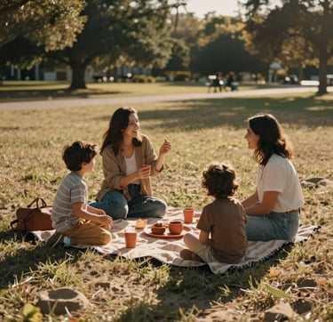 A candid, cinematic lifestyle photograph of a family of four having a playful picnic in a North American / US park during the late afternoon. The scene is bathed in warm, sun-drenched light. Authentic interactions and storytelling style. The environment features soft sand colored grass and deep charcoal shadows with warm terracotta picnic accessories.