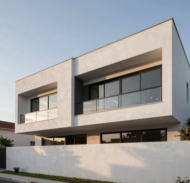 An editorial wide-angle photograph of a contemporary residential project in the Historic Site of Olinda. The architecture features clean white concrete lines and large windows reflecting the soft light of late afternoon. The scene is characterized by soft off-white surfaces and deep matte black shadows, emphasizing technical rigor and spatial elegance.