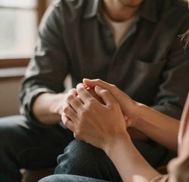 A candid, close-up shot of an authentic couple sharing an intimate moment in a sun-lit, rustic interior. Soft dust motes dance in the warm light. The focus is sharp on their joined hands, capturing a sense of connection and storytelling. The mood is quiet and genuine, incorporating the brand's warm charcoal and terracotta tones.