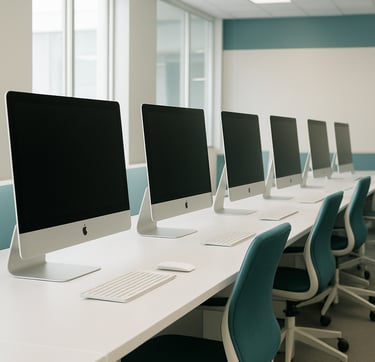 A high-key wide shot of a bright, professional AI lab in the US featuring a row of sleek Apple Macs. The environment is clean and sophisticated, reflecting a high standard of professional excellence with teal and off-white accents.