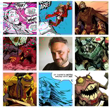 a grid of 9 images containing art drawn by David Cousens, and a photo of David in the middle