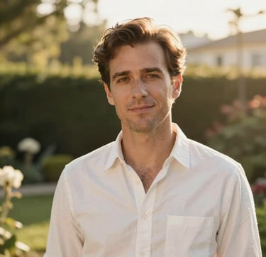 A professional and warm headshot of a photographer standing in a sunlit garden in North American / US. The lighting is golden hour, highlighting a palette of tan and off-white. Sophisticated and clean composition.