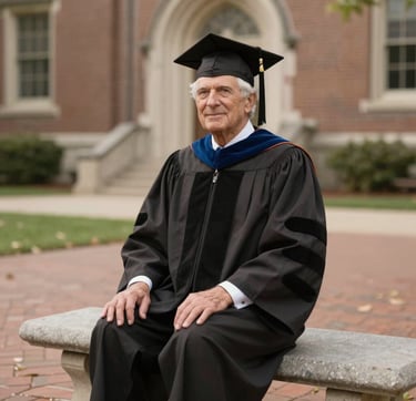 A classic senior portrait of a graduate in refined attire, sitting on a stone bench in a historic North American / US campus setting. Soft natural light creates a warm atmosphere. Palette of taupe and dark brown.