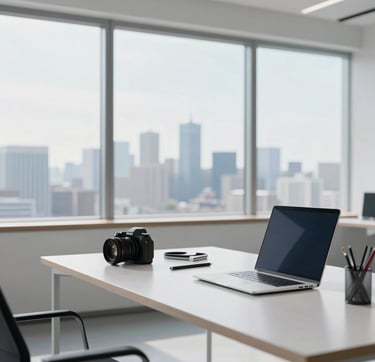 A wide-angle, minimalist photograph of a clean, bright International / Western designer's workspace. A large window reveals a soft-focus city skyline. On the desk, there are professional tools and a laptop. The lighting is bright and airy, reflecting a modern professionalism. The scene includes accents in dark navy and soft sky blue.