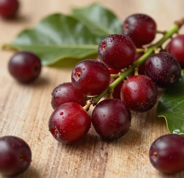 Fotografía de primer plano de cerezas de café maduras y de color rojo brillante en una rama, rodeadas de hojas cerosas de color verde oscuro. Composición íntima con profundidad de campo reducida, desenfocando el campo de café sudamericano al fondo. Texturas naturales de madera y fruta, luz solar suave, estilo artesanal profesional, paleta de color beige cálido y verde oscuro.