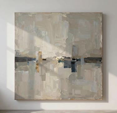 A high-resolution, contemplative photograph of a large abstract painting hanging in a minimalist studio. The artwork features textured layers of #6B705C and #C8C0B2. Natural, soft morning light hits the canvas from the left, highlighting the thick impasto strokes. The environment is clean and elegant, evoking a sanctuary of art appreciation.