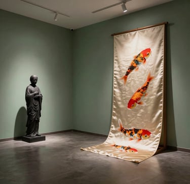A wide-angle, minimalist shot of a high-end design studio in a East Asian / South Asian influenced for a global luxury audience setting. Muted sage green accents on the walls, a single charcoal black sculpture, and a spotlight on a silk koi-fish tapestry draped over a wooden frame, captured with soft, moody lighting.