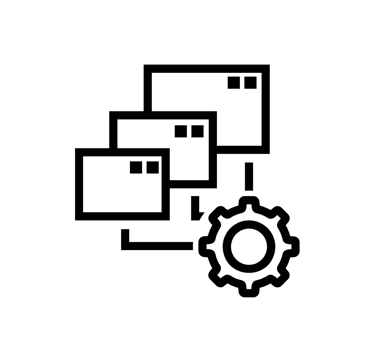 Black line icon showing stacked browser windows and a gear for web management and configuration.