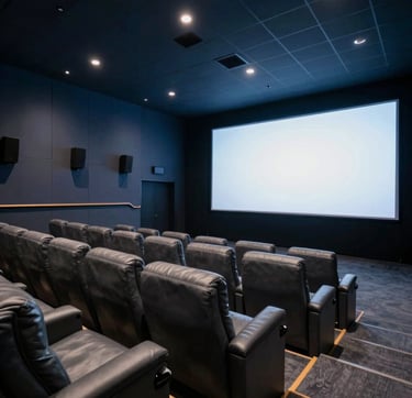 A cinematic wide shot of a modern, upscale private screening room in a North American film studio. The lighting is moody with deep blue and slate grey accents. Comfortable leather seating faces a glowing high-definition screen, creating an atmosphere of professional film distribution and industry excellence.