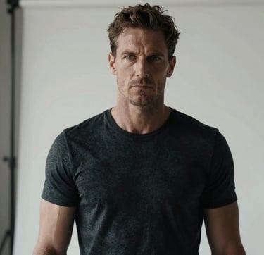 A high-contrast, moody editorial portrait of a professional athlete in a moment of intense focus. The lighting is dramatic and sculpted, emphasizing texture and form. Set in a quiet, minimalist Northern European studio environment with charcoal and off-white tones. The mood is confident and understated, reflecting a premium storytelling aesthetic.