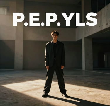 A wide-angle, cinematic still from a music video featuring P.E.P YLS. He stands in a high-fashion pose within a minimalist, brutalist architectural space. The lighting is dramatic, with warm golden-hour beams (#8D765D) cutting through deep shadows (#0A0A0A). The style is sleek, high-end, and reminiscent of premium urban cinematography.