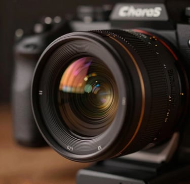 A close-up, high-contrast detail shot of an expensive professional film camera lens reflecting neon city lights. The color palette is dominated by dark browns (#3D2C20) and blacks (#0A0A0A), creating a sophisticated, behind-the-scenes aesthetic that emphasizes production quality.